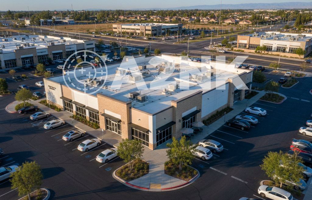 Oblique aerial photo of a Southern California commercial center, used for marketing and progress reporting.
