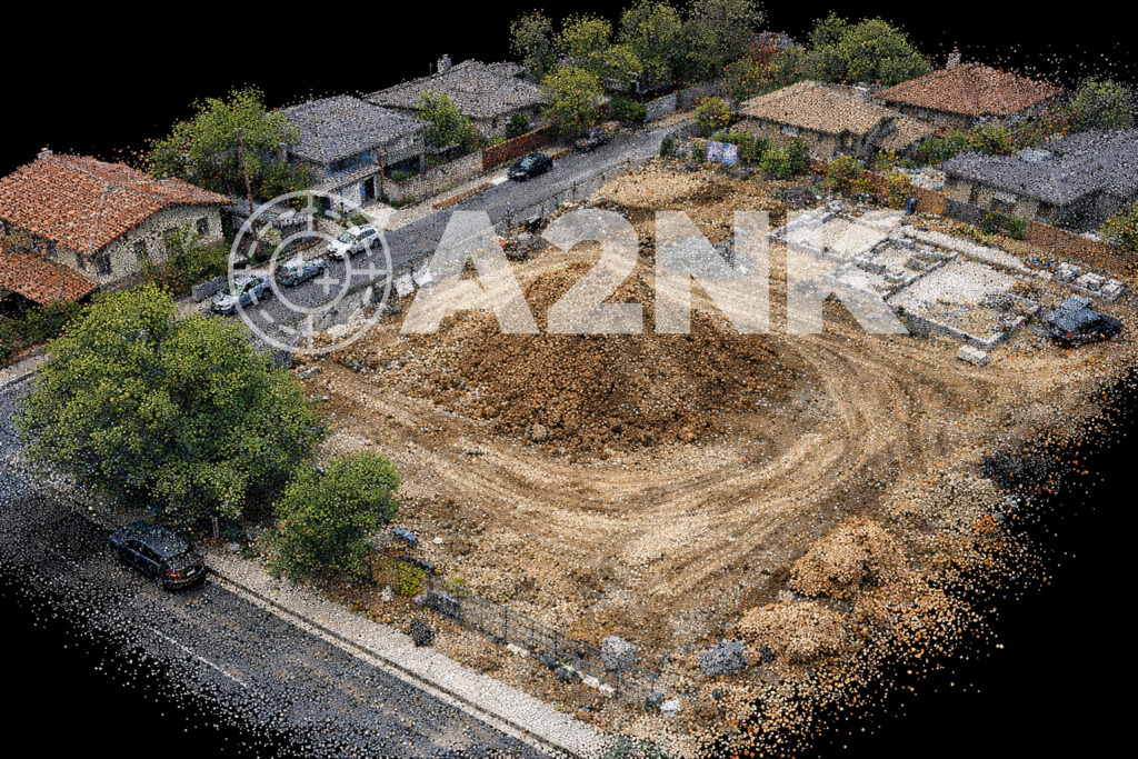 High-density LiDAR point cloud of a residential site, an example of A2NK's UAV surveying data.