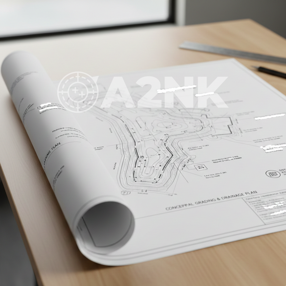 Example of a conceptual grading and drainage plan created by A2NK for a commercial development.