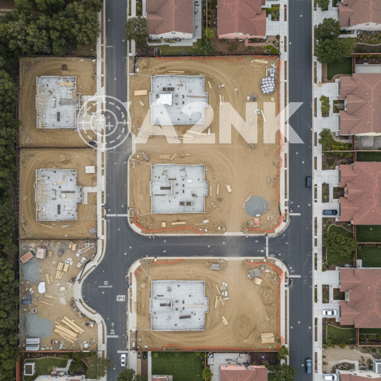High-resolution orthomosaic map of a commercial development site, generated from drone aerial photography for precision planning.