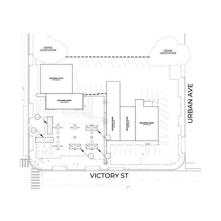 Site map drafted by A2NK showing building footprints, parking layout and site access