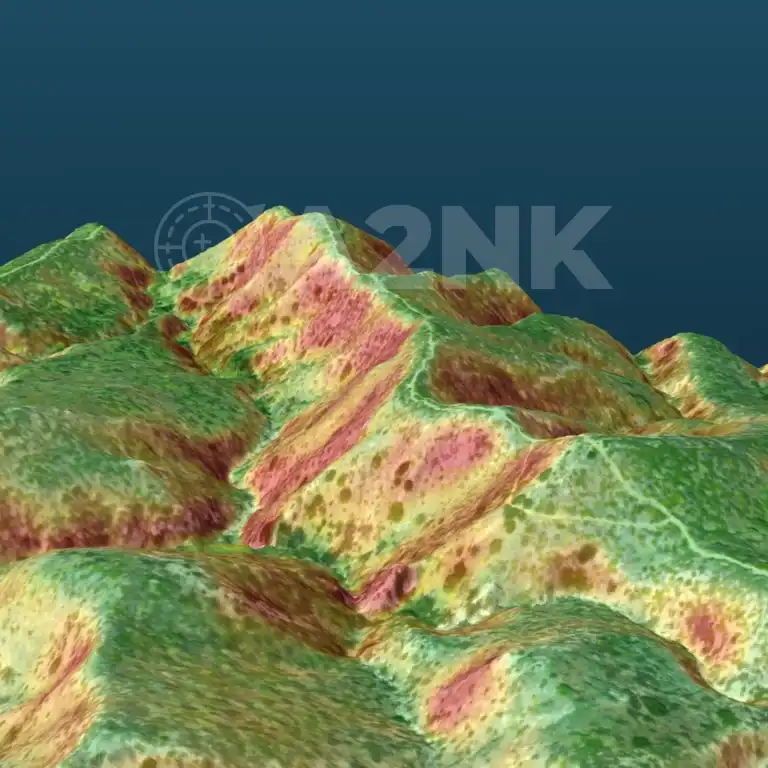 Color-coded 3D slope analysis of a steep Southern California hillside, built from public LiDAR elevation data with aerial imagery, shading flatter ground green through steepest slopes red.
